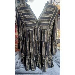 Elan Long-slv Boho Peasant Short Black And Gold Dress, Sz S